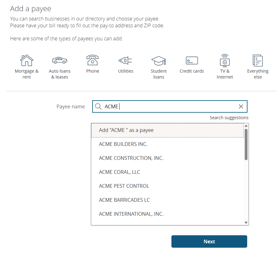Bank bill pay payee search showing merchant listings in dropdown