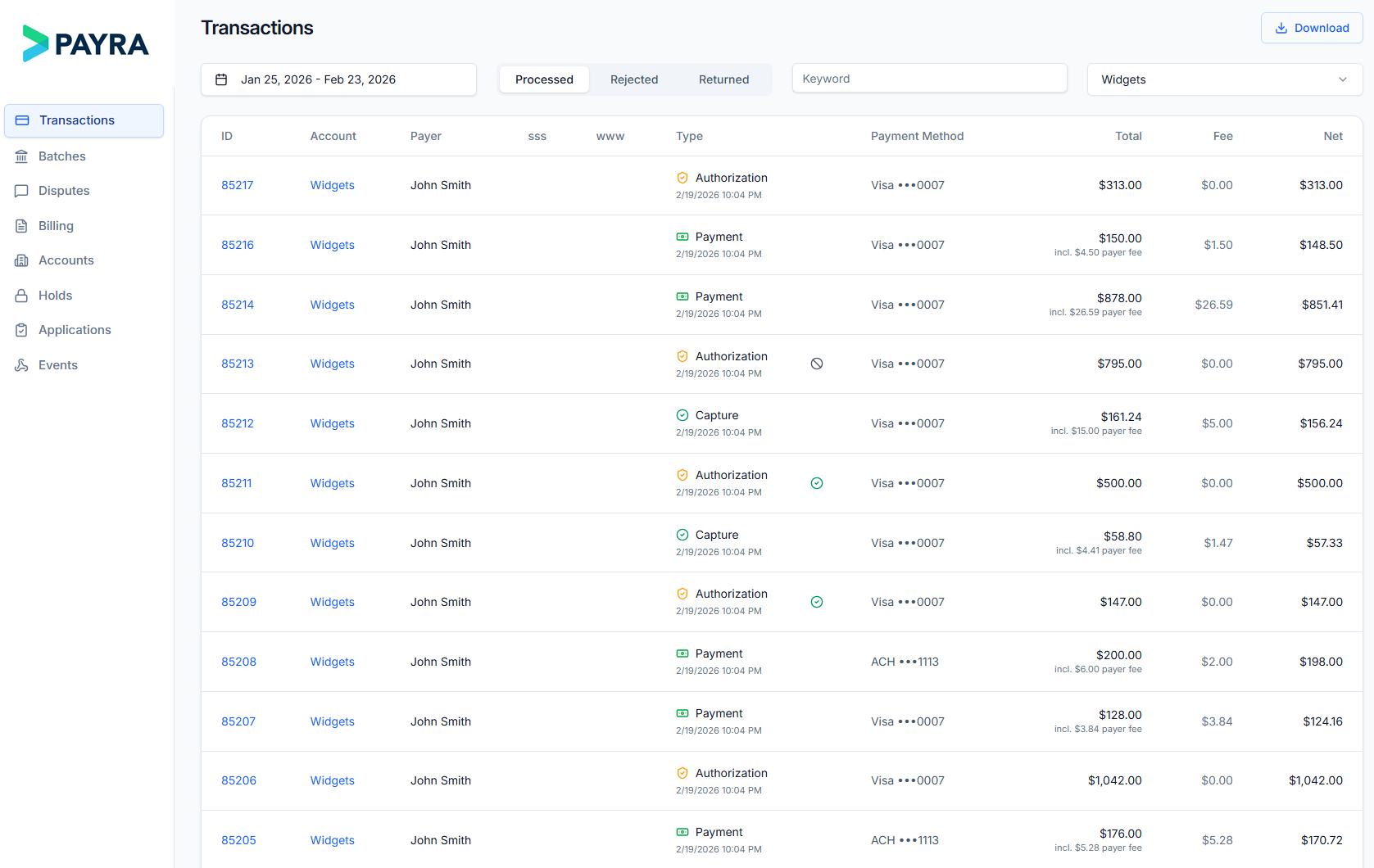 Payra-branded merchant dashboard showing transaction history with payment details
