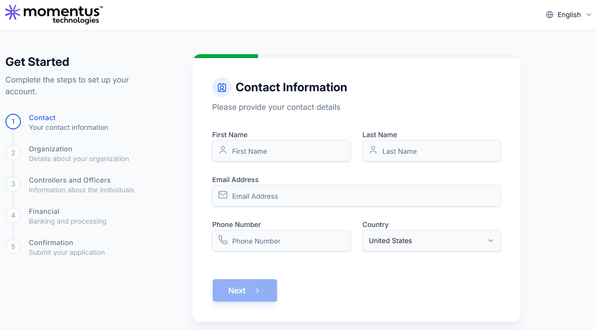 White-labeled merchant onboarding signup form showing branded experience
